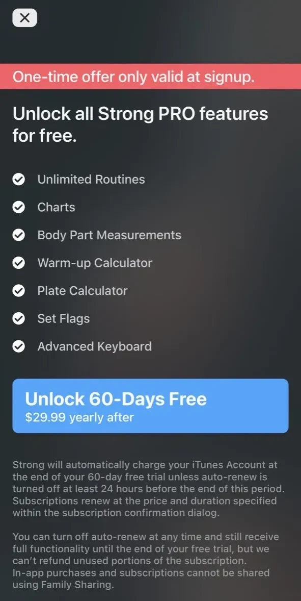 Strong Workout Tracker Gym Log paywall screen