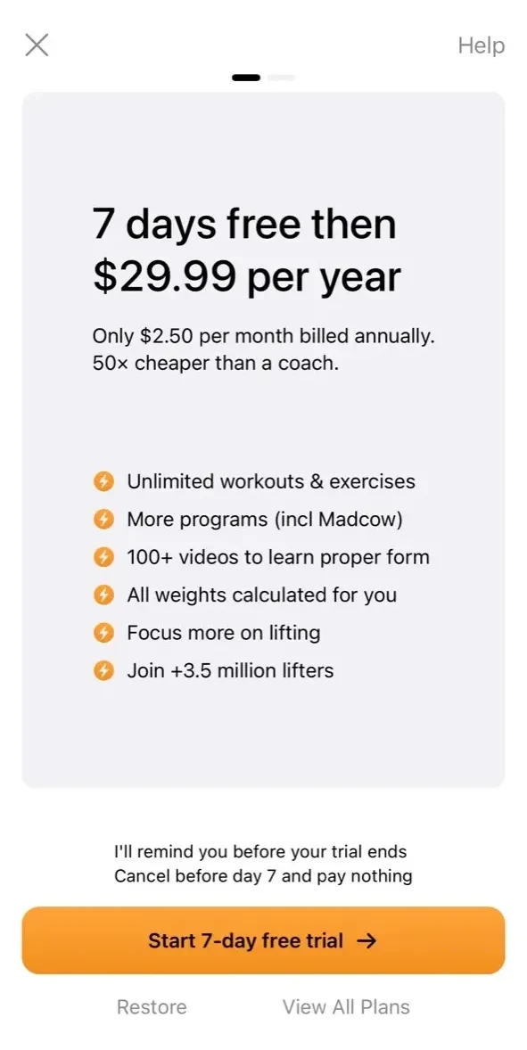 StrongLifts Weight Lifting Log paywall screen