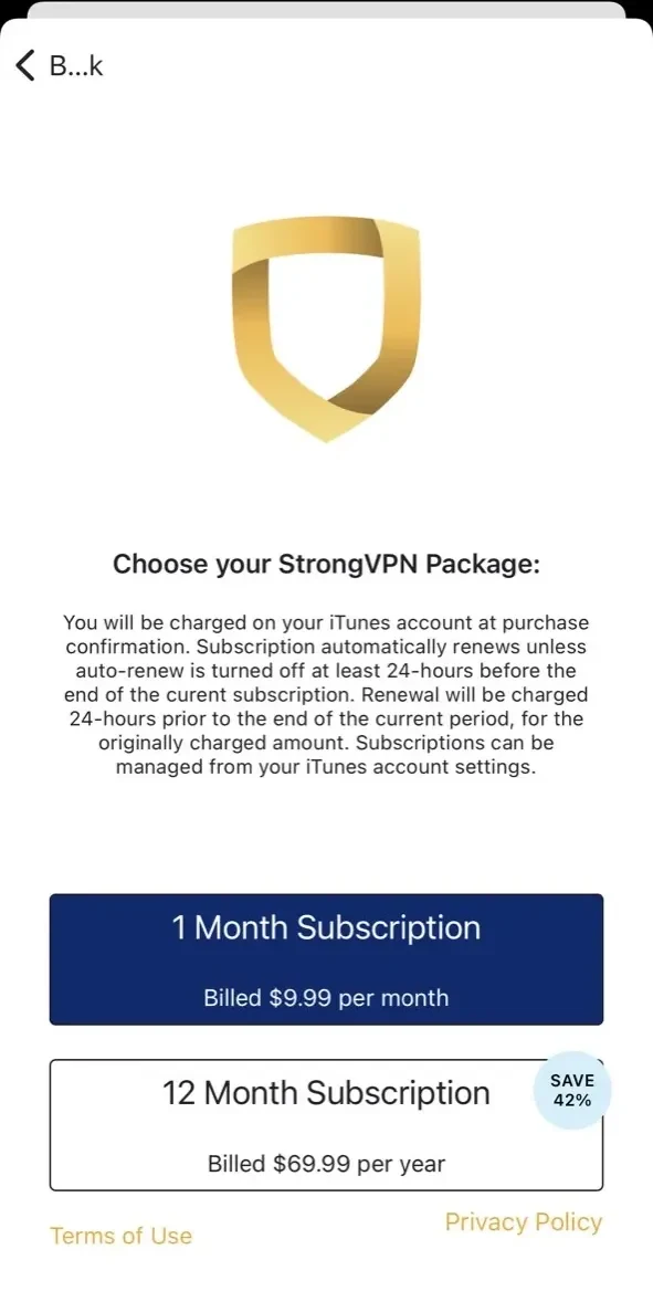 StrongVPN paywall screen