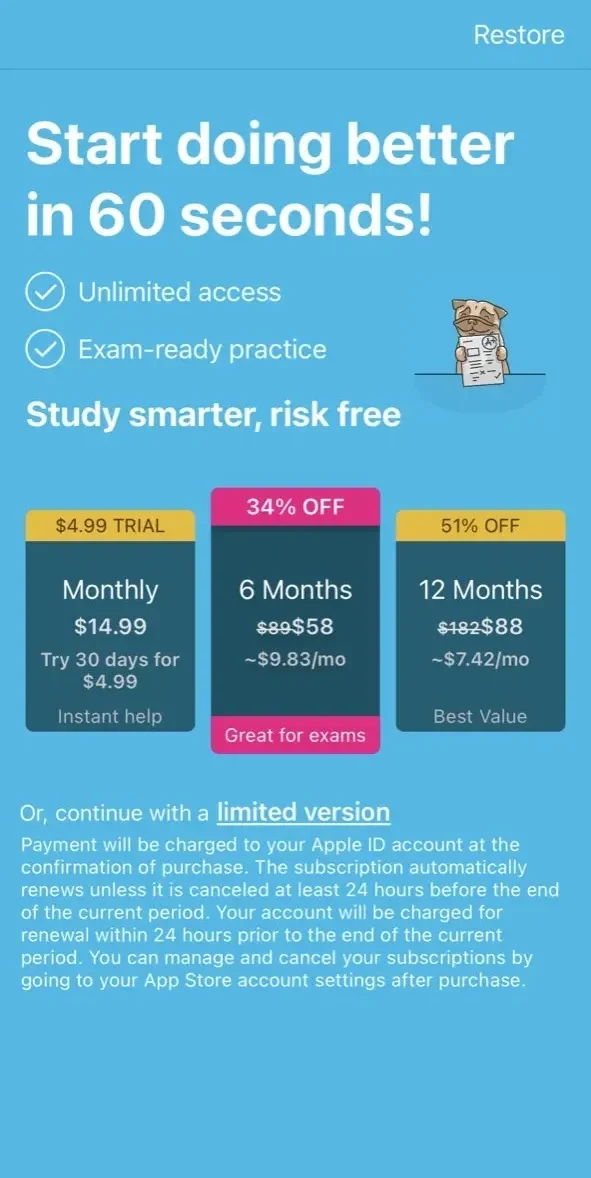 StudyPug paywall screen