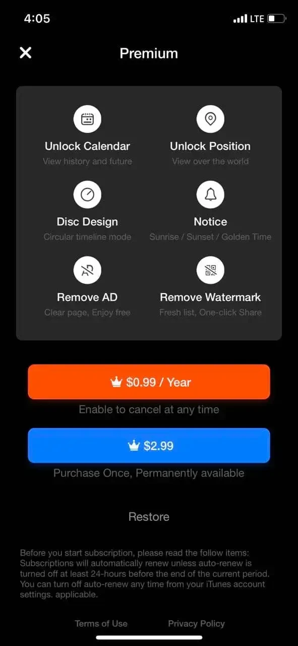 Sun & Moon paywall screen