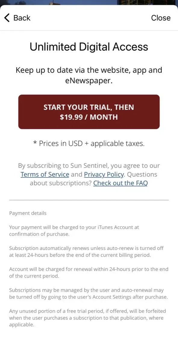 Sun Sentinel paywall screen