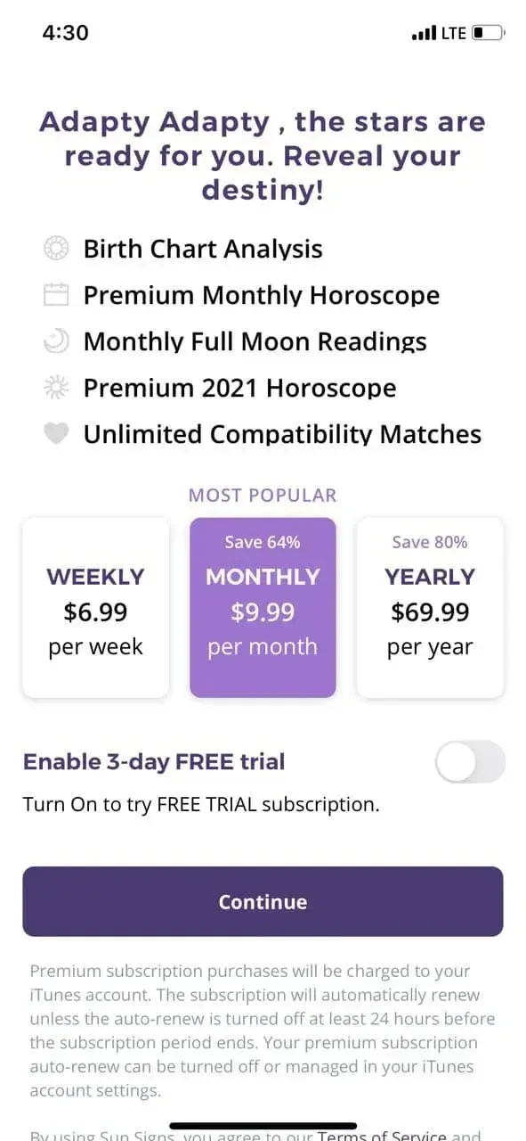Astrology Plus paywall screen