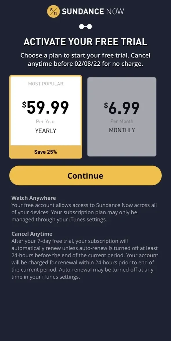 Sundance Now paywall screen