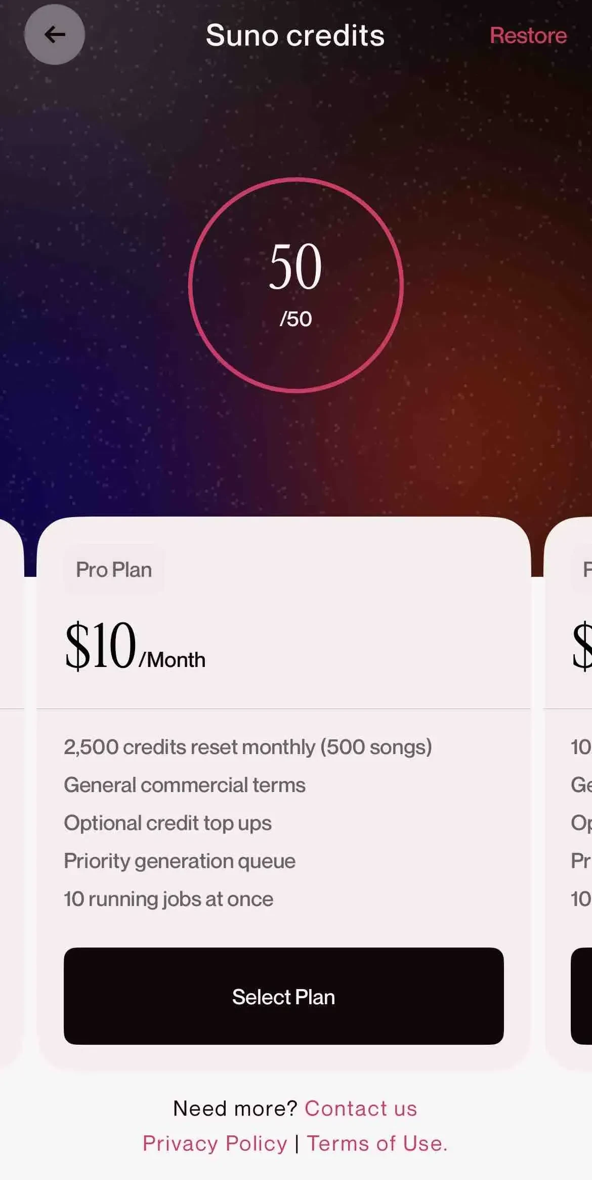 Suno paywall screen
