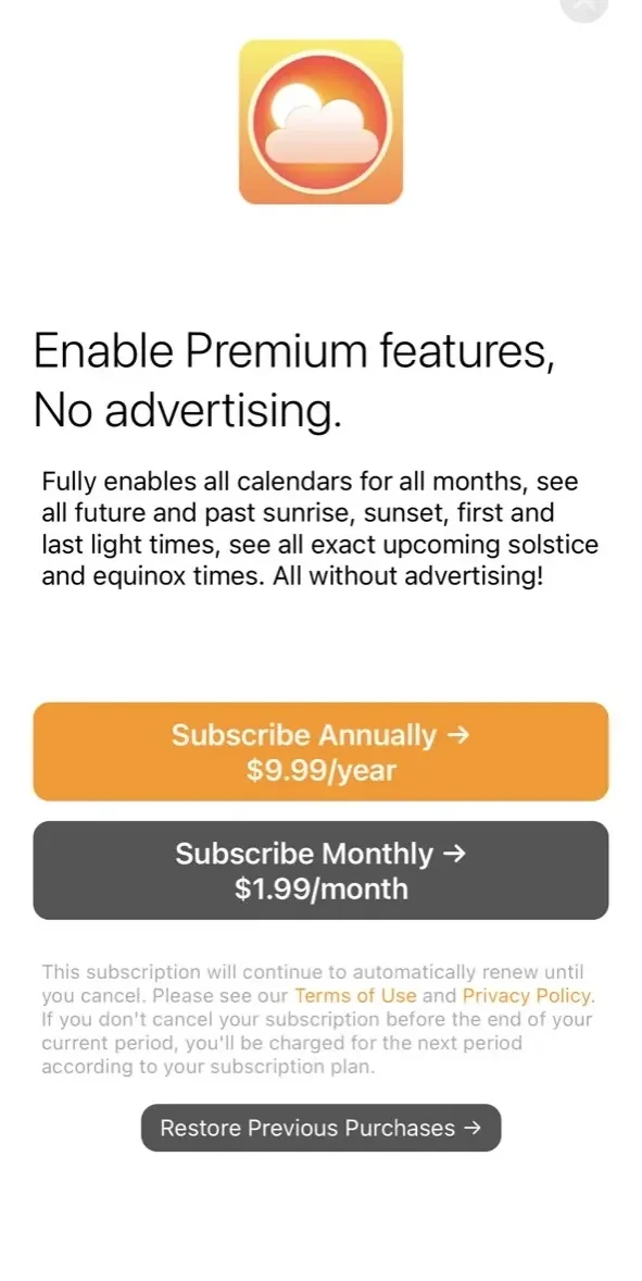 Sunrise Sunset Times paywall screen