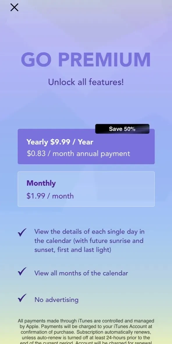 Sunrise paywall screen