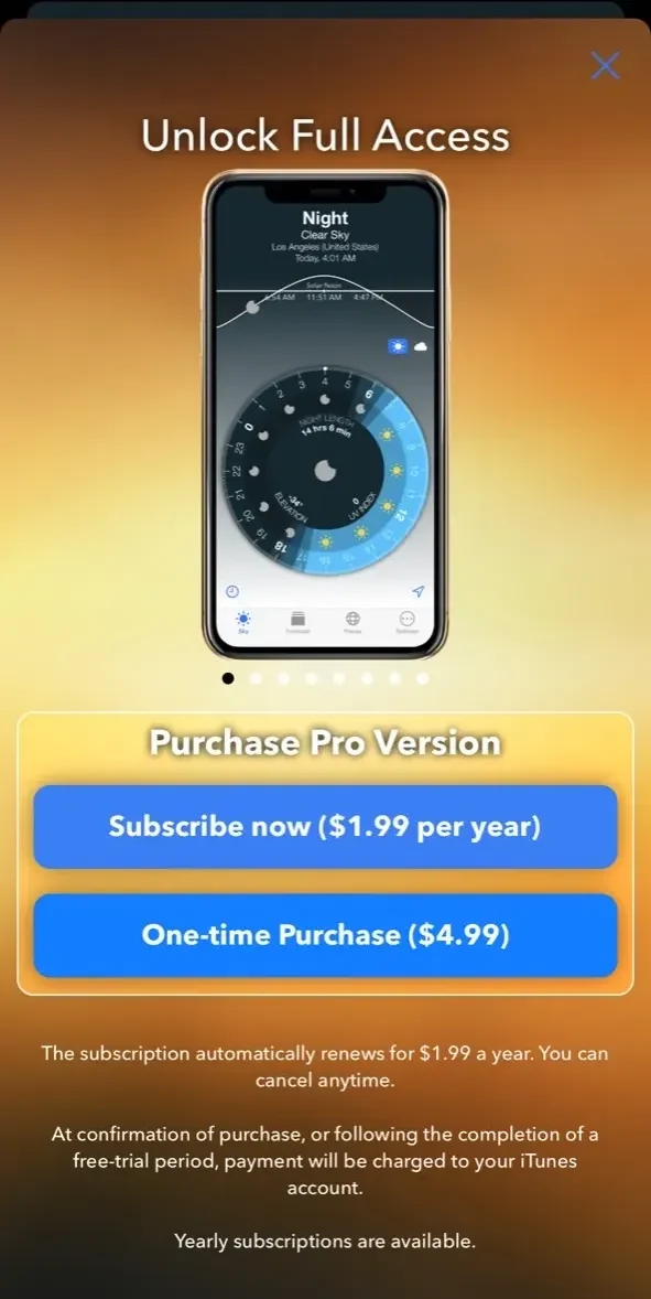Sunrise Sunset Widget paywall screen