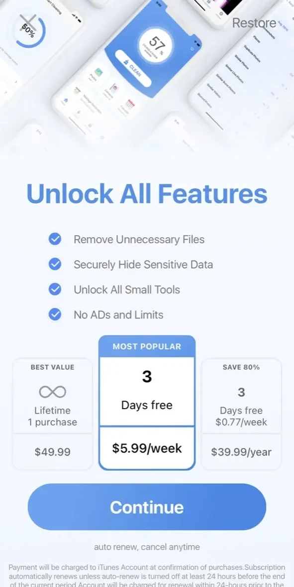 Super Cleaner paywall screen