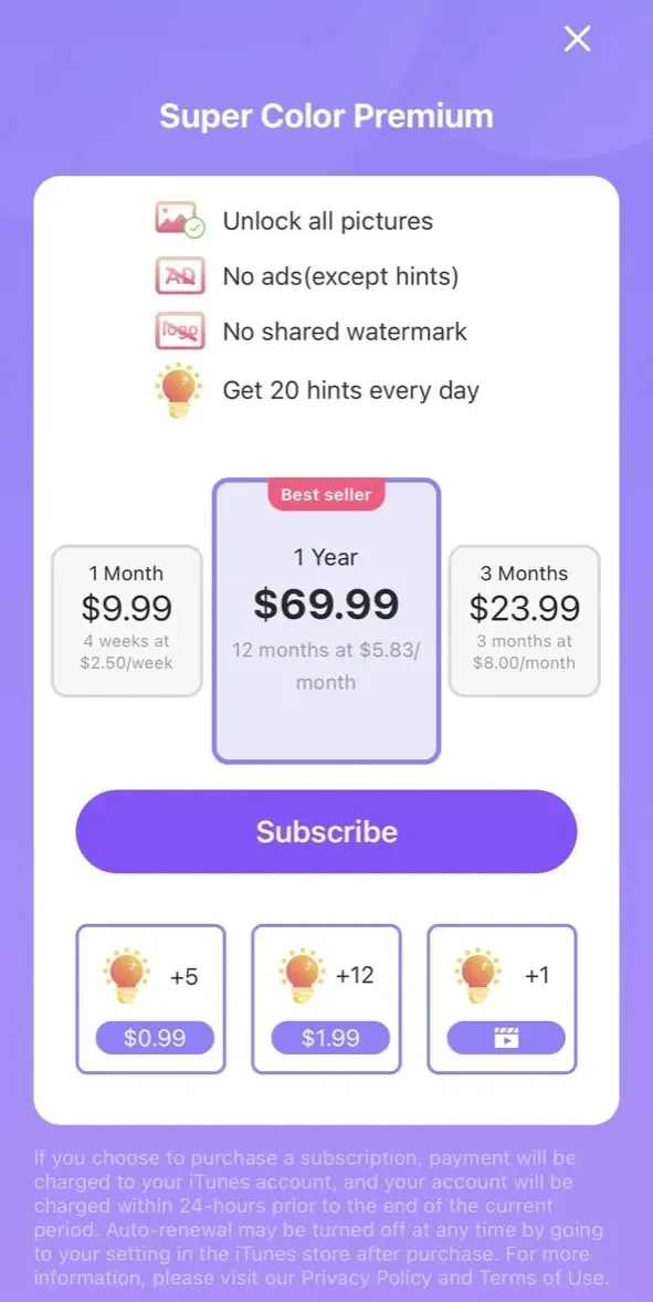 Super Color paywall screen