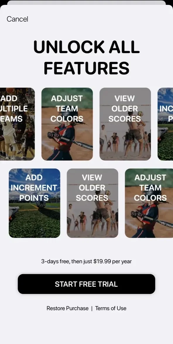 Super Scoreboard paywall screen