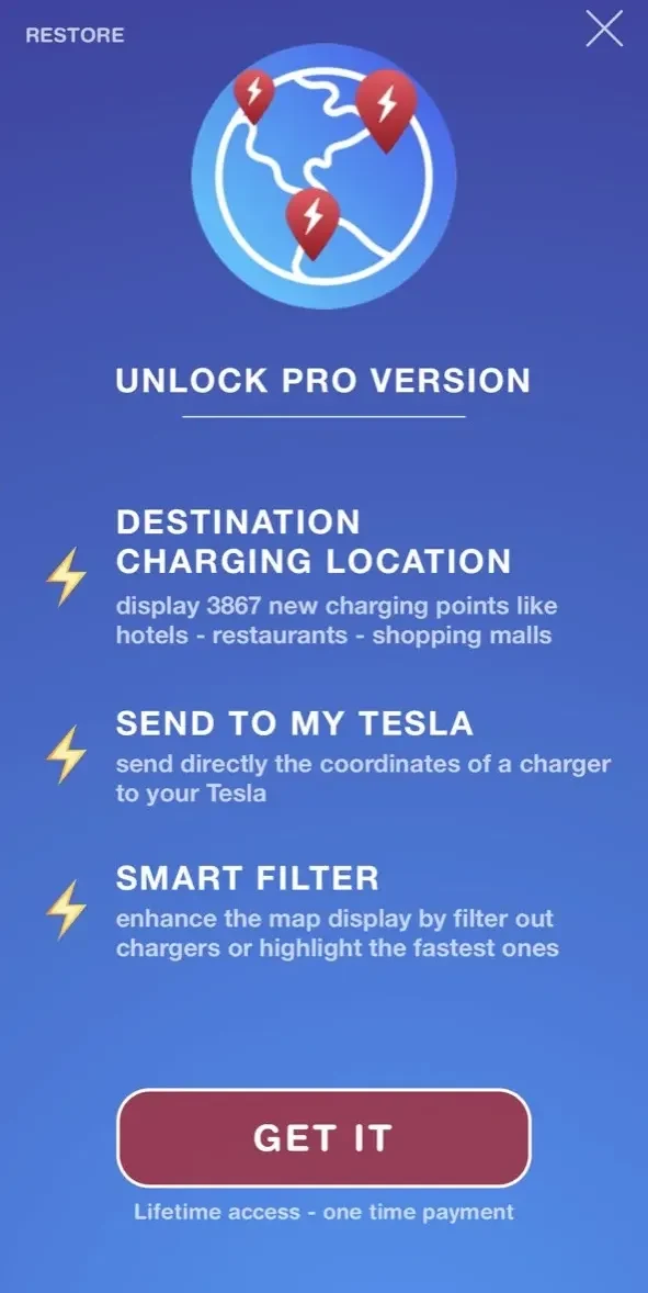 Supercharger map paywall screen