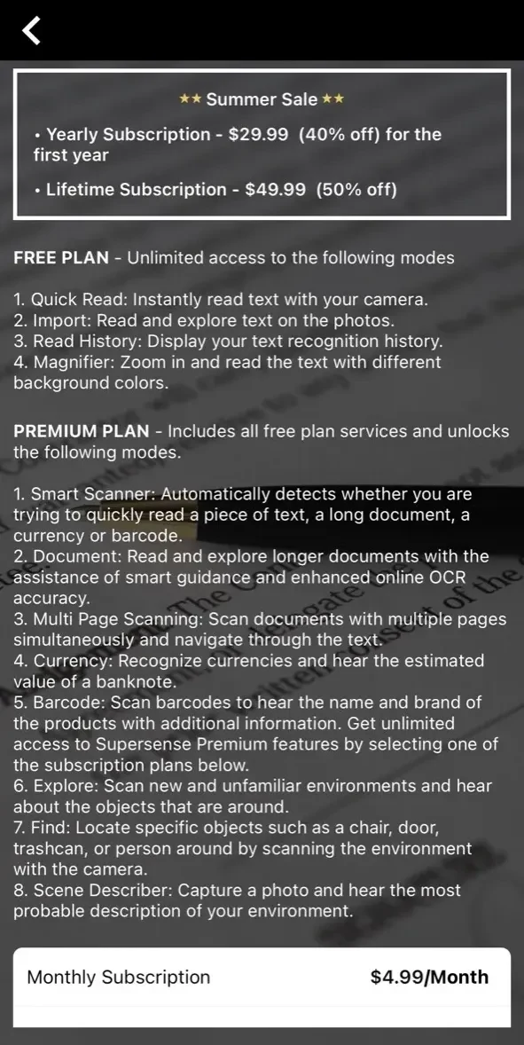 Supersense paywall screen