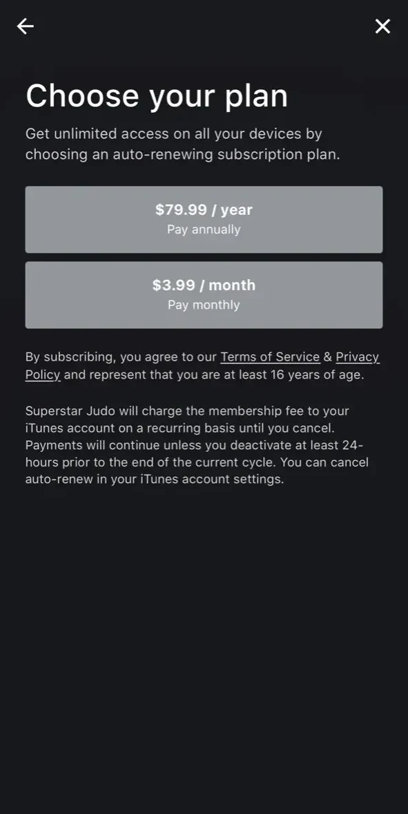 Superstar Judo paywall screen