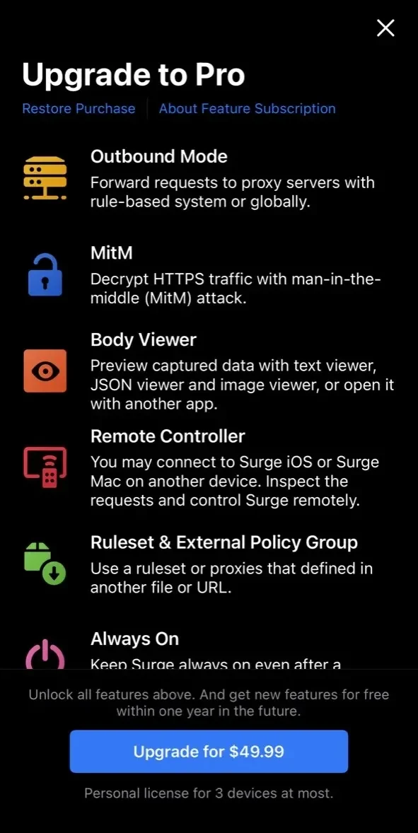 Surge 5 paywall screen