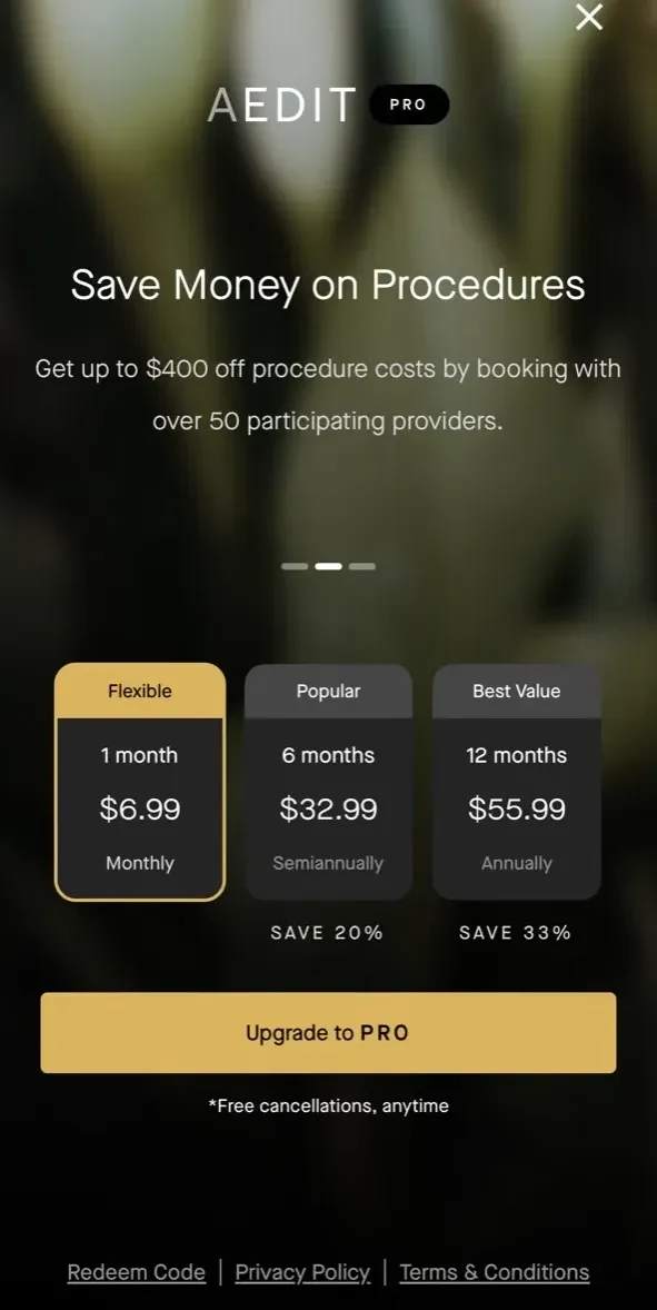 Aedit paywall screen