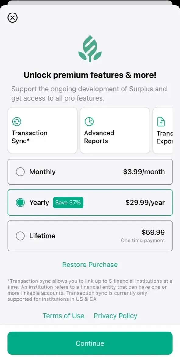 Surplus paywall screen