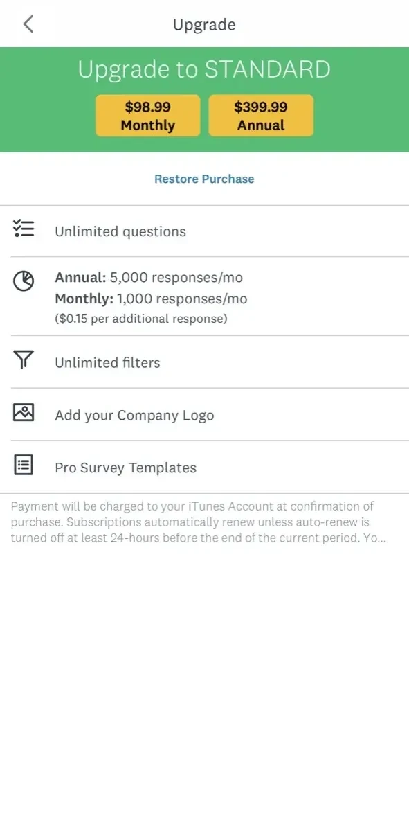 SurveyMonkey paywall screen