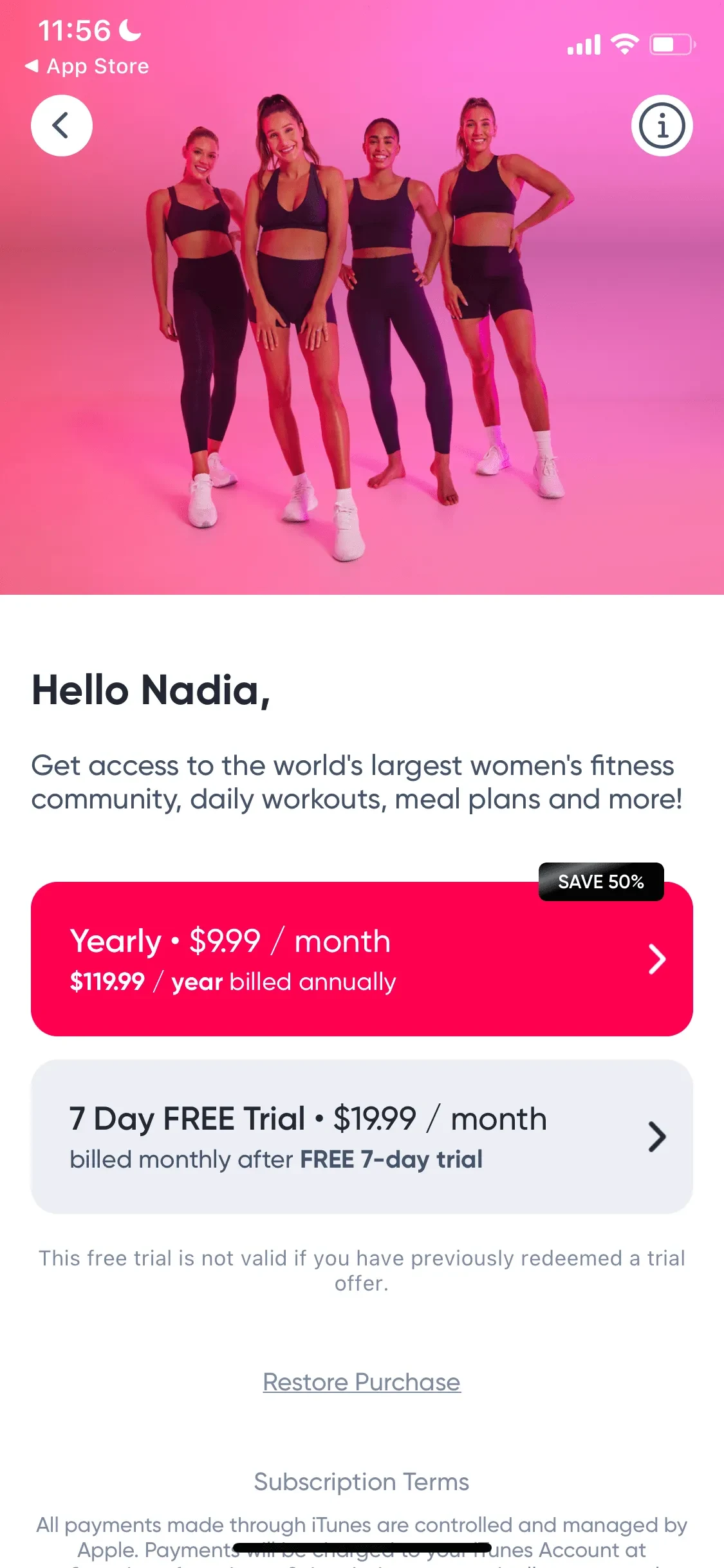 Sweat paywall screen