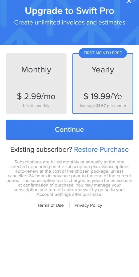 Swift Invoice paywall screen