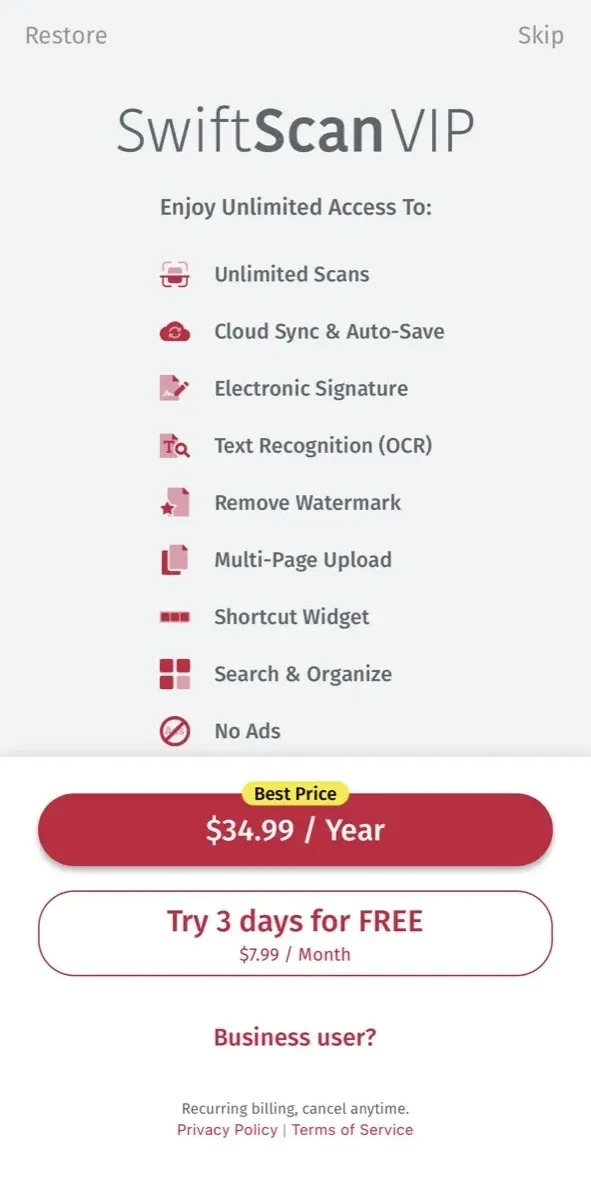 SwiftScan AI Document Scanner paywall screen