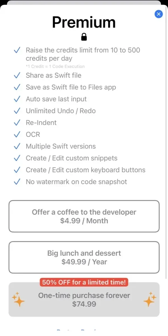 Swifty Compiler paywall screen
