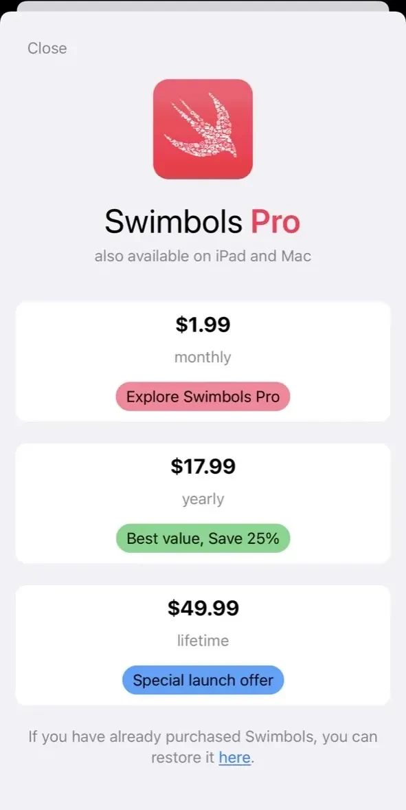 Swimbols paywall screen