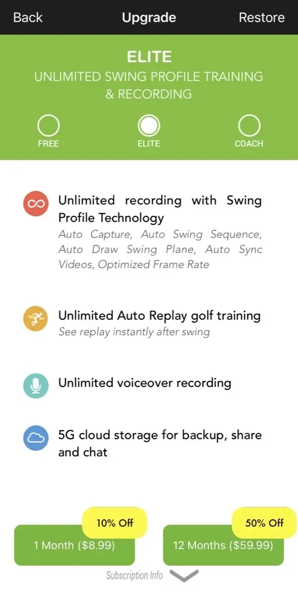 Swing Profile Golf Analyzer paywall screen