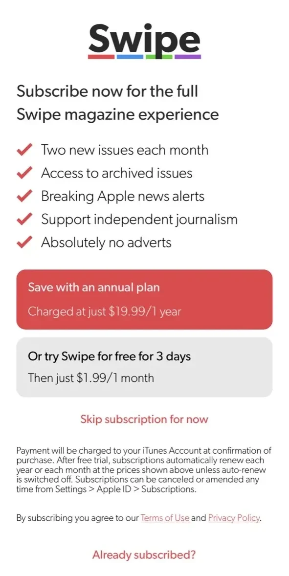 Swipe paywall screen