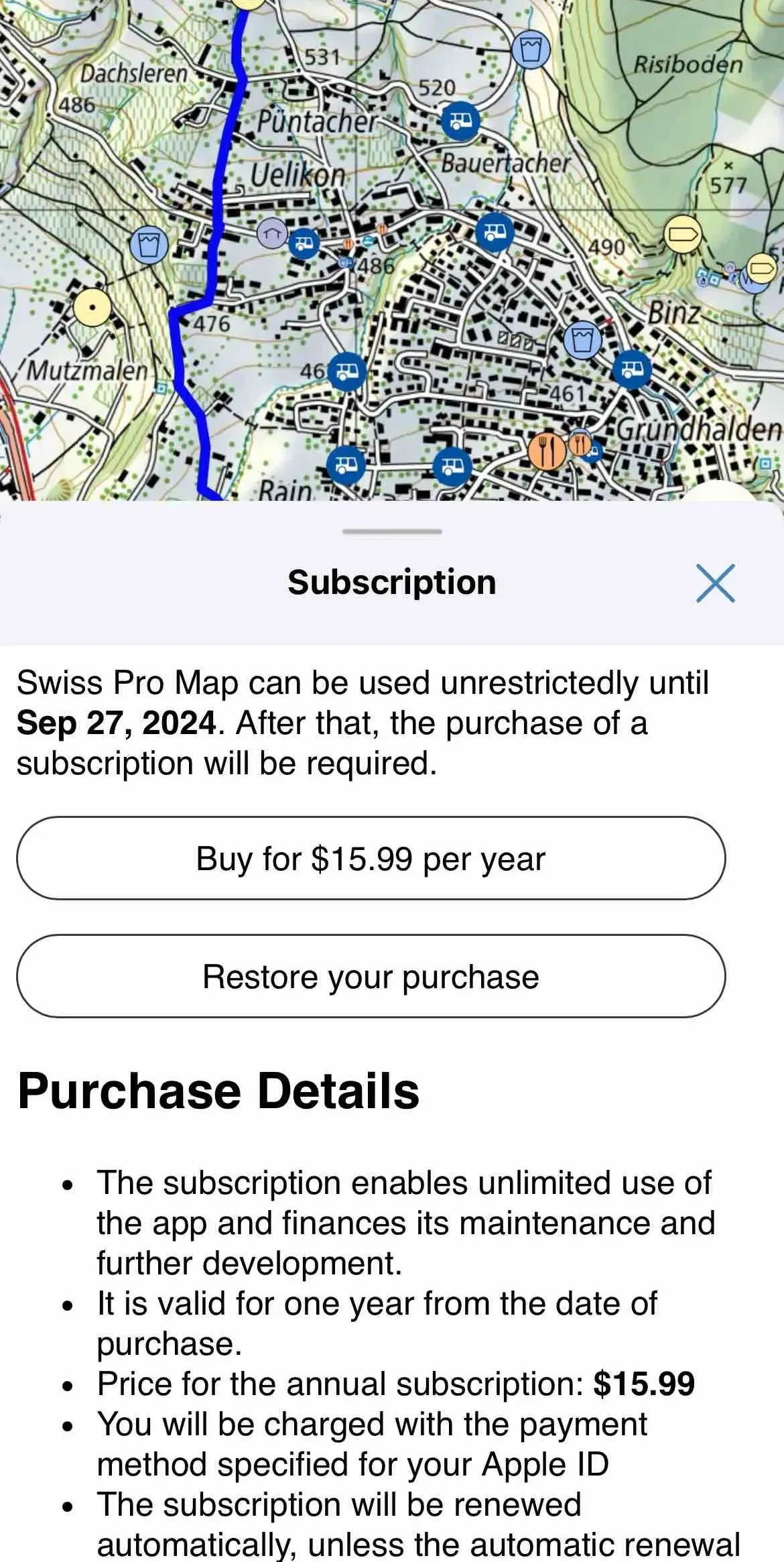 Swiss Pro Map paywall screen