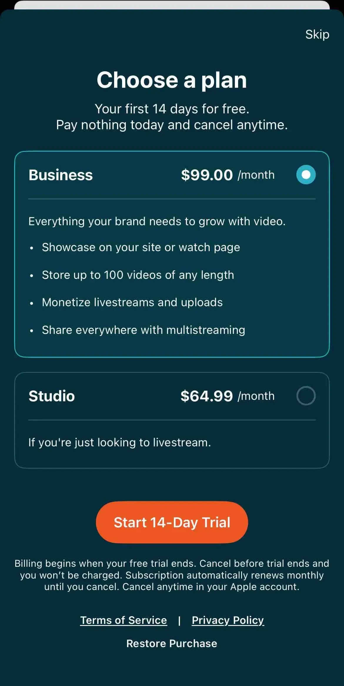 Switcher Studio Video Platform paywall screen