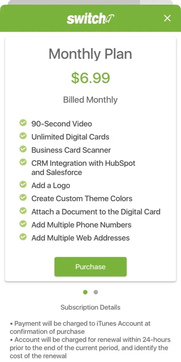 Switchit Digital Business Card paywall screen