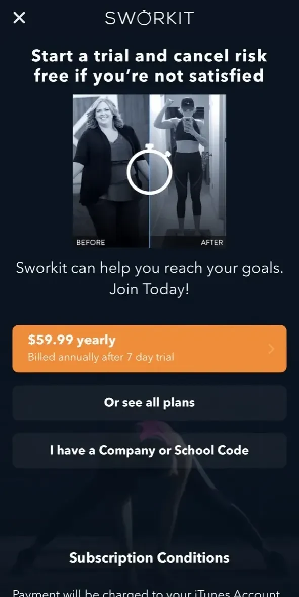 Sworkit Fitness paywall screen