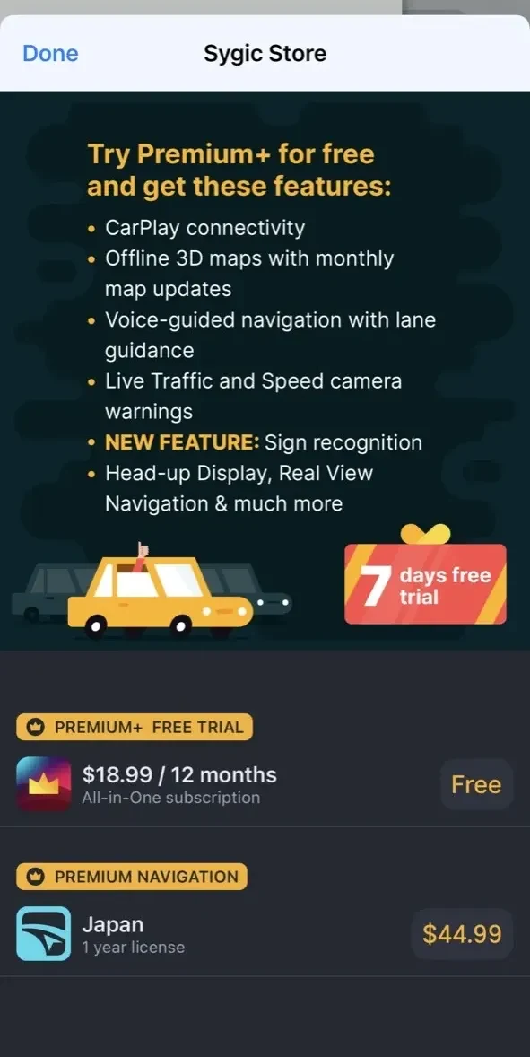 Sygic GPS Navigation paywall screen