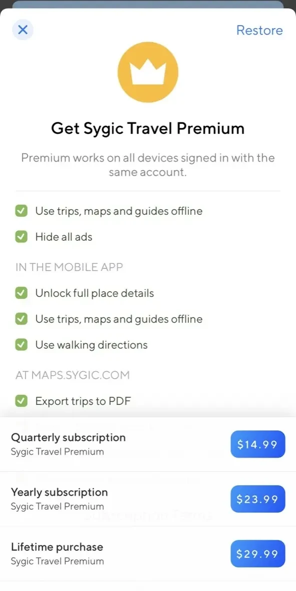 Sygic Travel Maps Trip Planner paywall screen