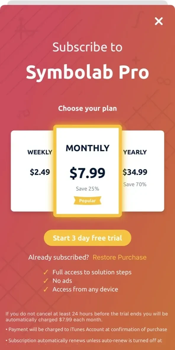 Symbolab paywall screen