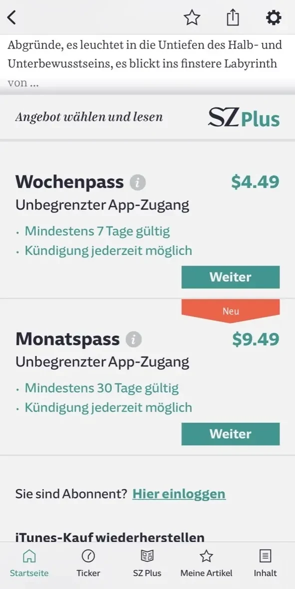 SZ Nachrichten paywall screen