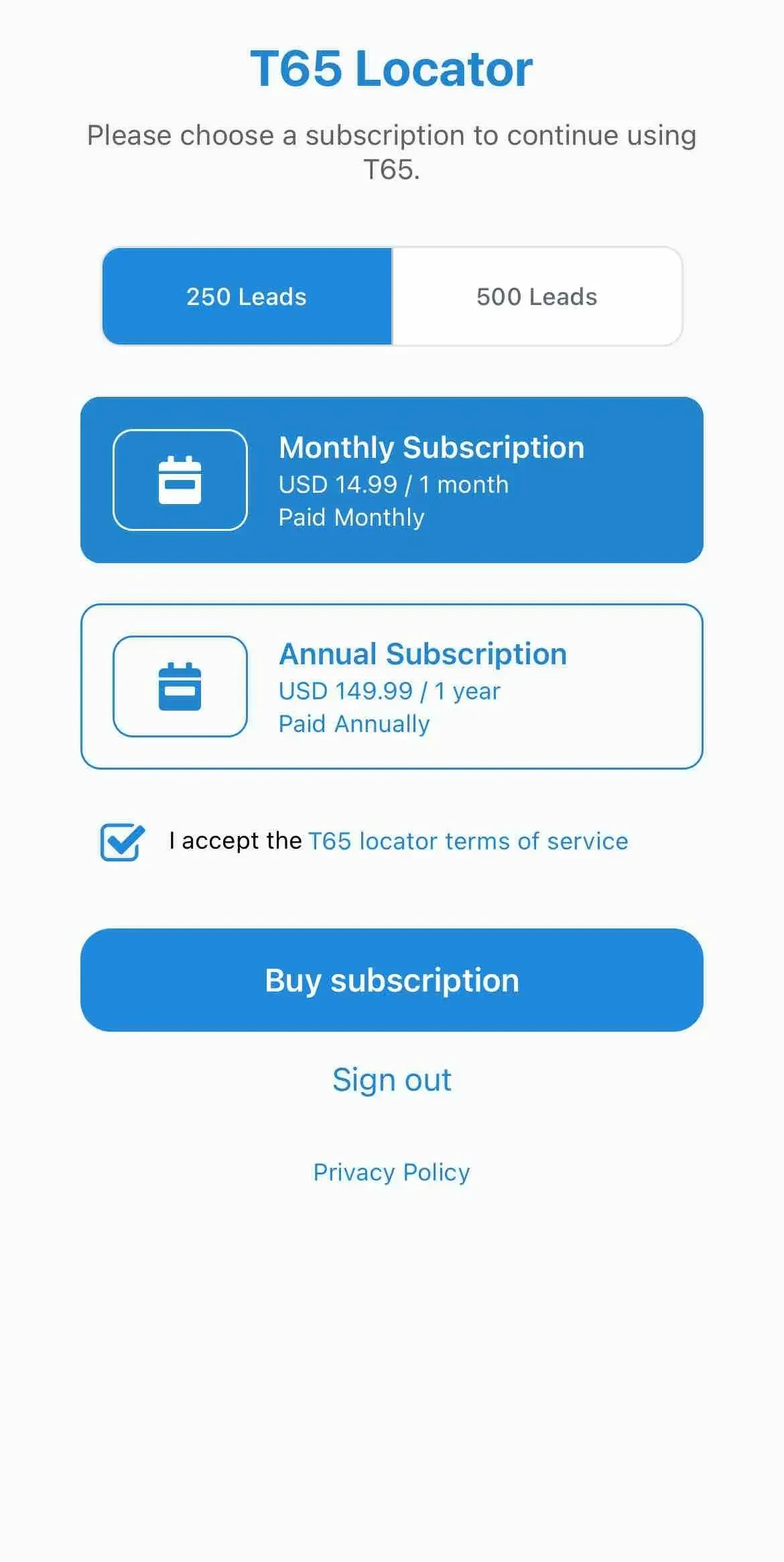 T65 Locator paywall screen