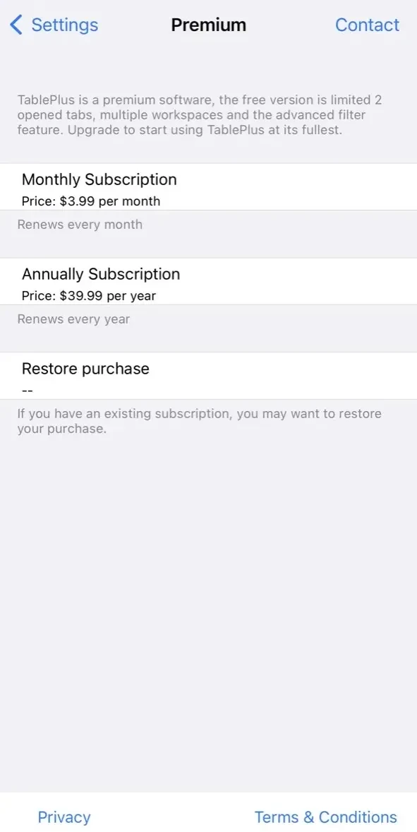 TablePlus paywall screen