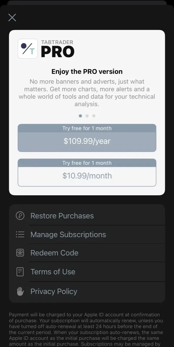 TabTrader paywall screen