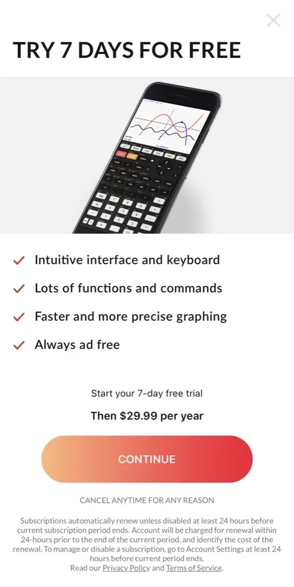 Taculator Graphing Calculator paywall screen