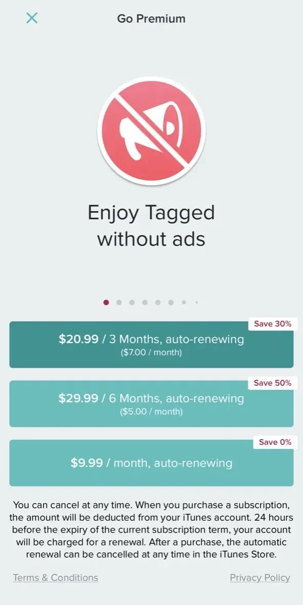 Tagged Dating App paywall screen