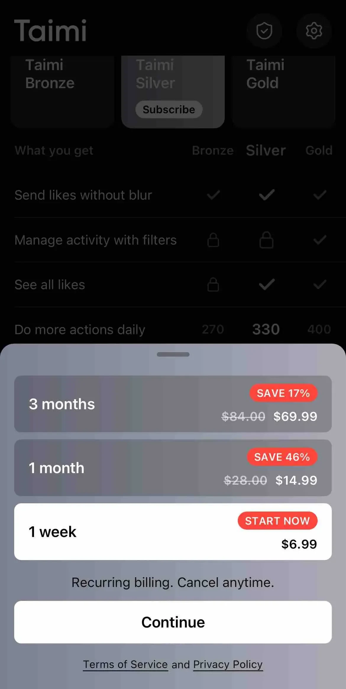 Taimi paywall screen