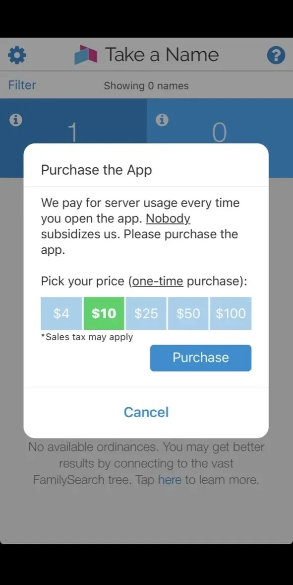 Take a Name LDS Family paywall screen