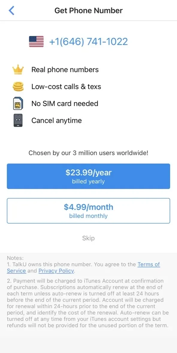 TalkU paywall screen