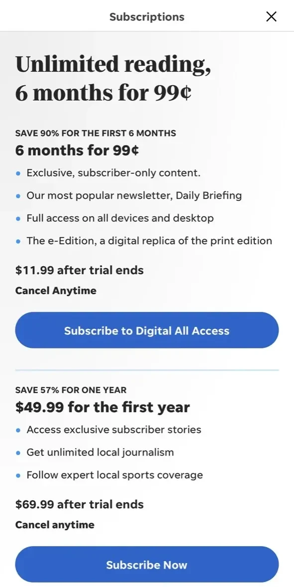 Tallahassee Democrat paywall screen