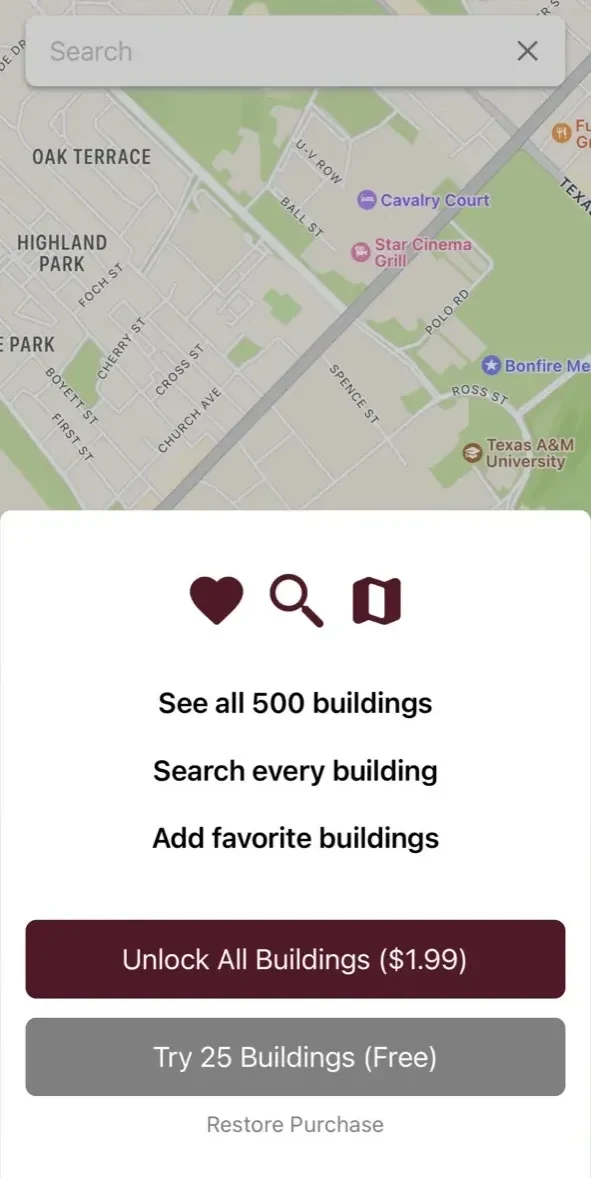 Tamu Campus Maps paywall screen