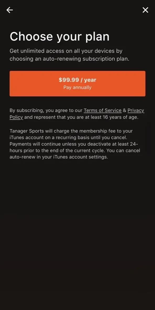 Tanager Sports paywall screen