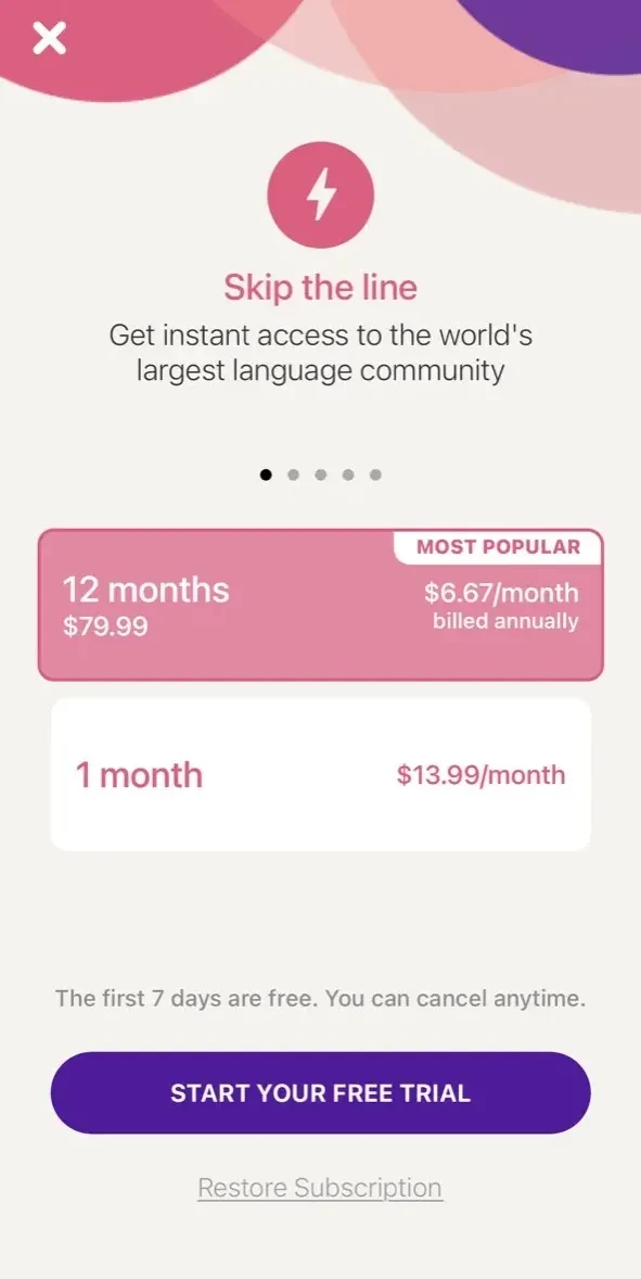 Tandem paywall screen