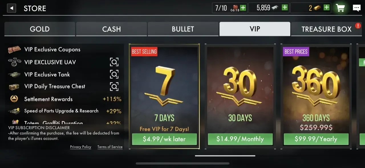 Tank Warfare paywall screen